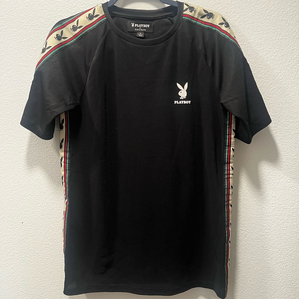 PLAYBOY Black Tee with Iconic Logo and Patterned Stripes